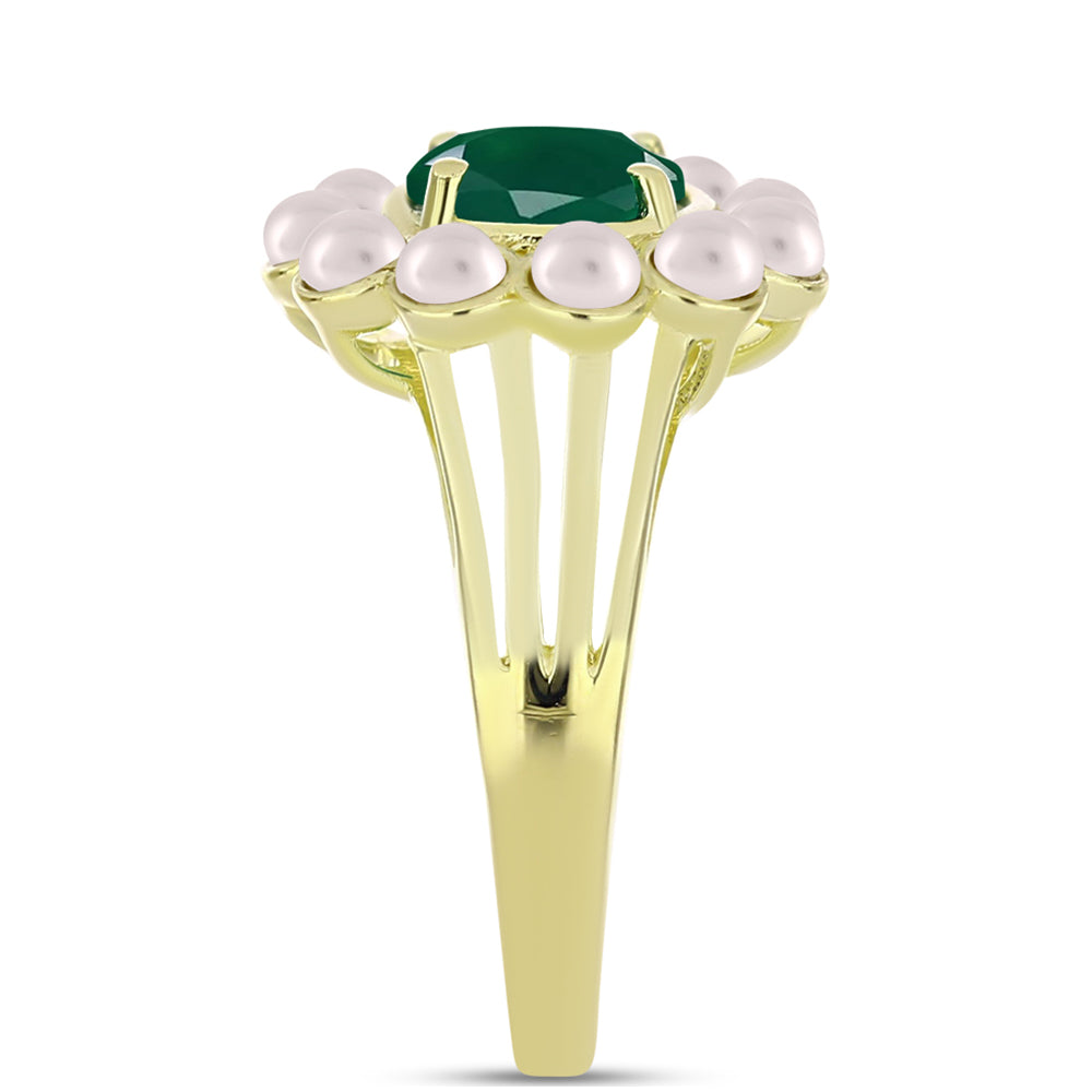 Anillo de Plata Bañada en Oro con Ágata Verde y Perla de Agua Dulce