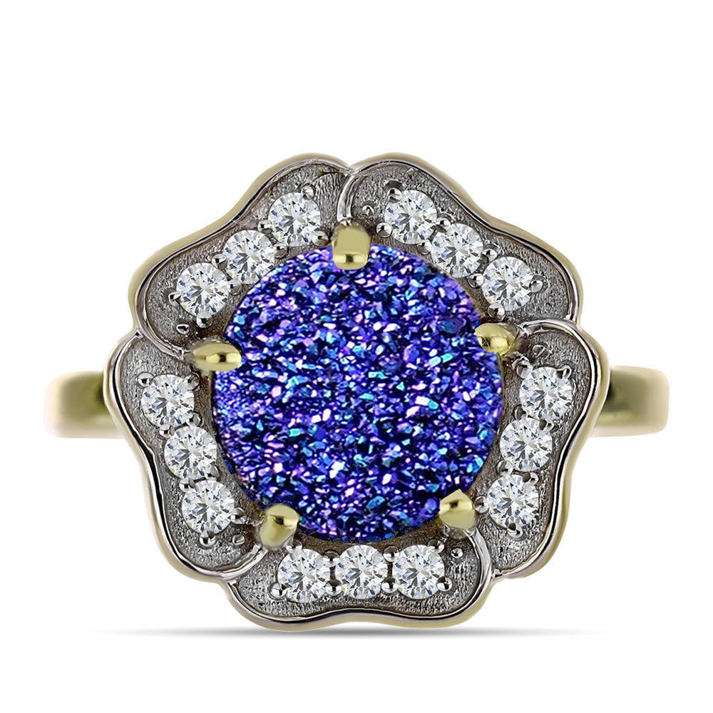 Anillo de Plata Bañada en Oro con Drusa Purpura y Topacio Blanco 9 