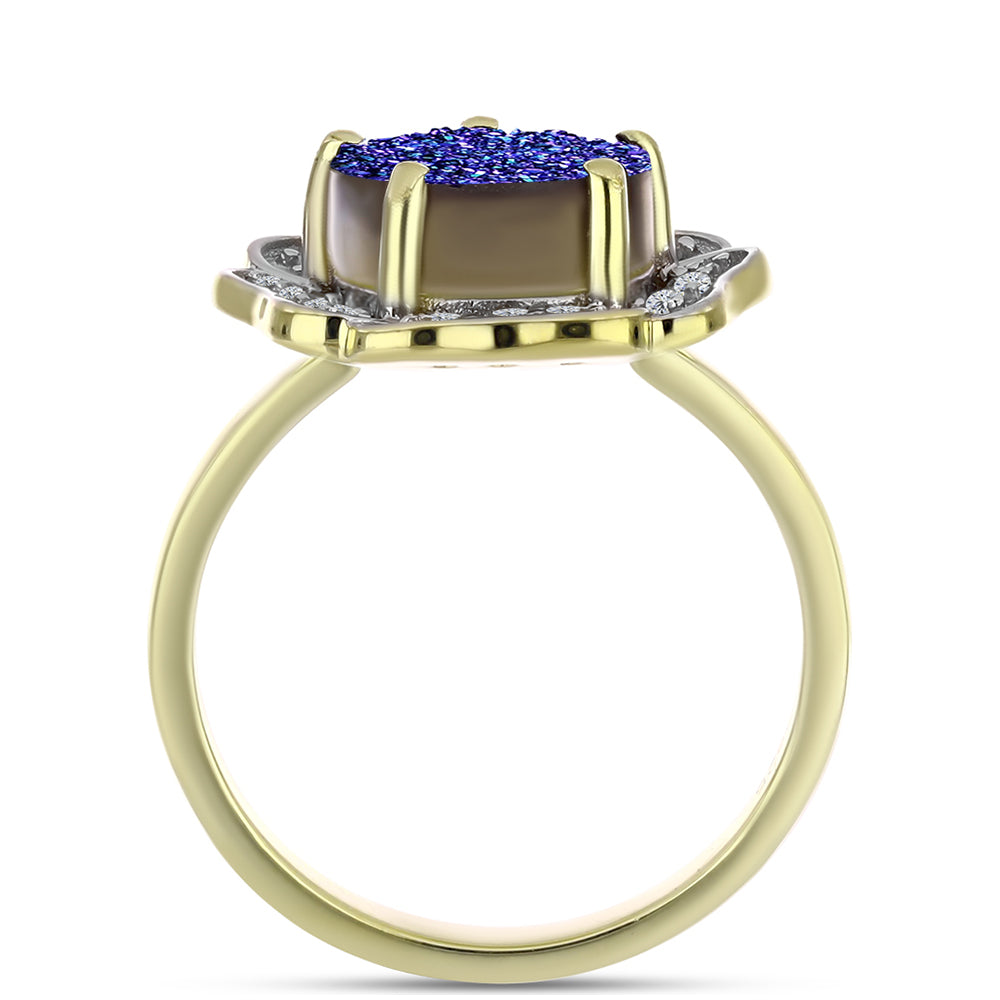 Anillo de Plata Bañada en Oro con Drusa Purpura y Topacio Blanco 10 