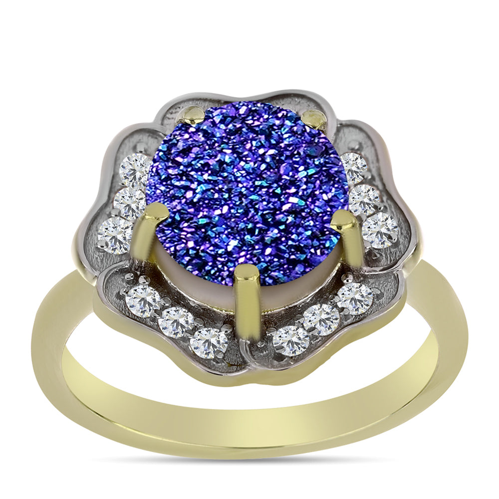Anillo de Plata Bañada en Oro con Drusa Purpura y Topacio Blanco 3 