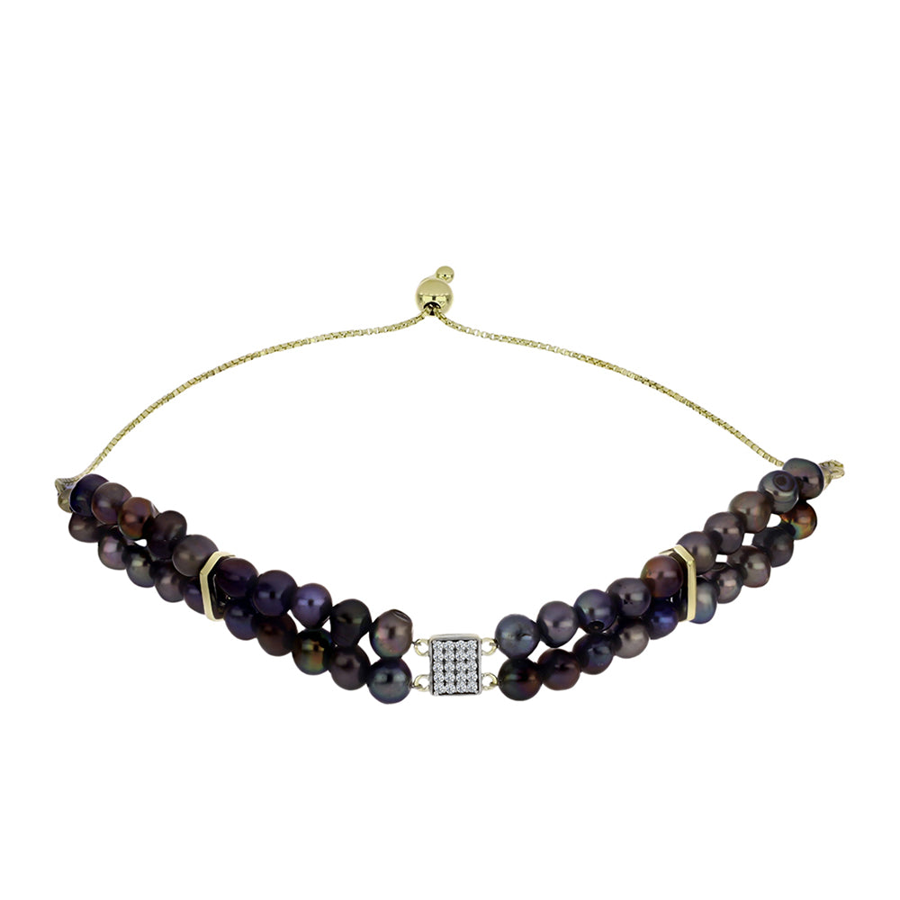 Pulsera de Plata Bañada en Oro con Perla Negra de Agua dulce y Topacio Blanco