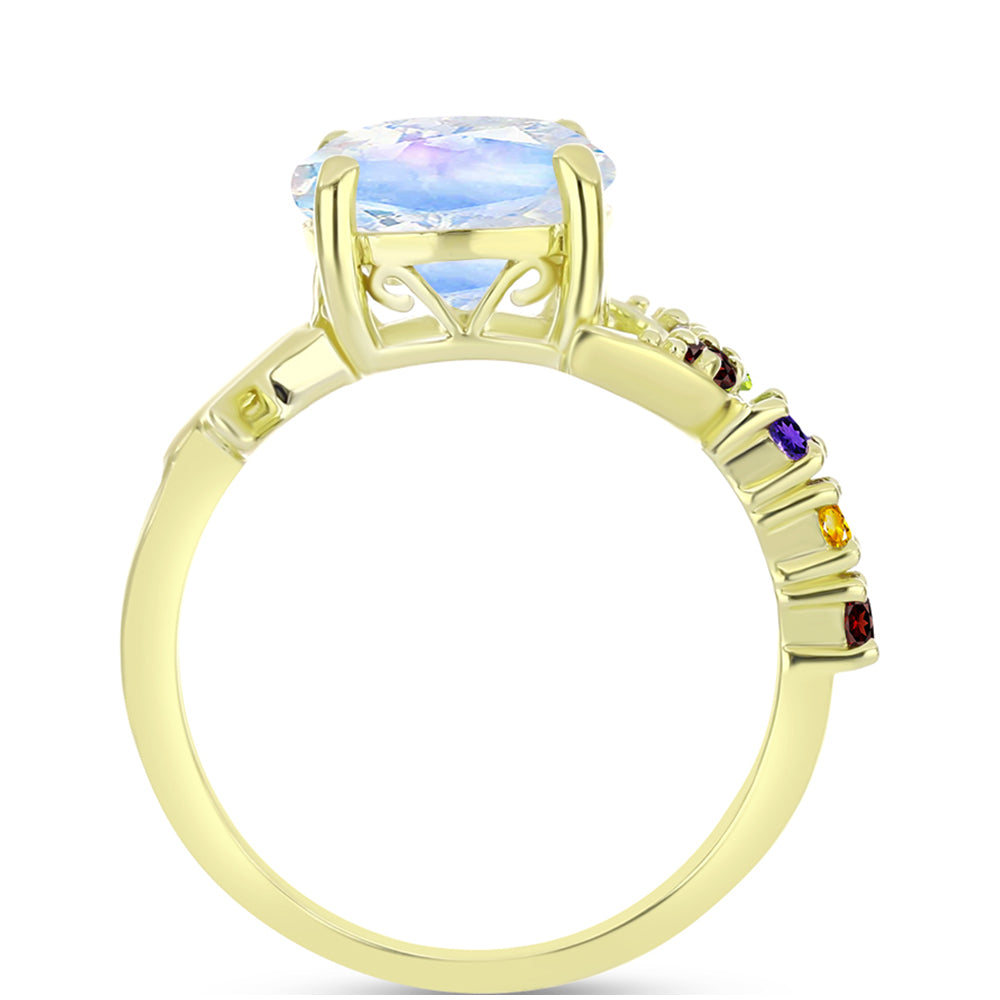 Anillo de Plata Bañada en Oro con Piedra Lunar Arco Iris y Amatista de Marruecos 2 