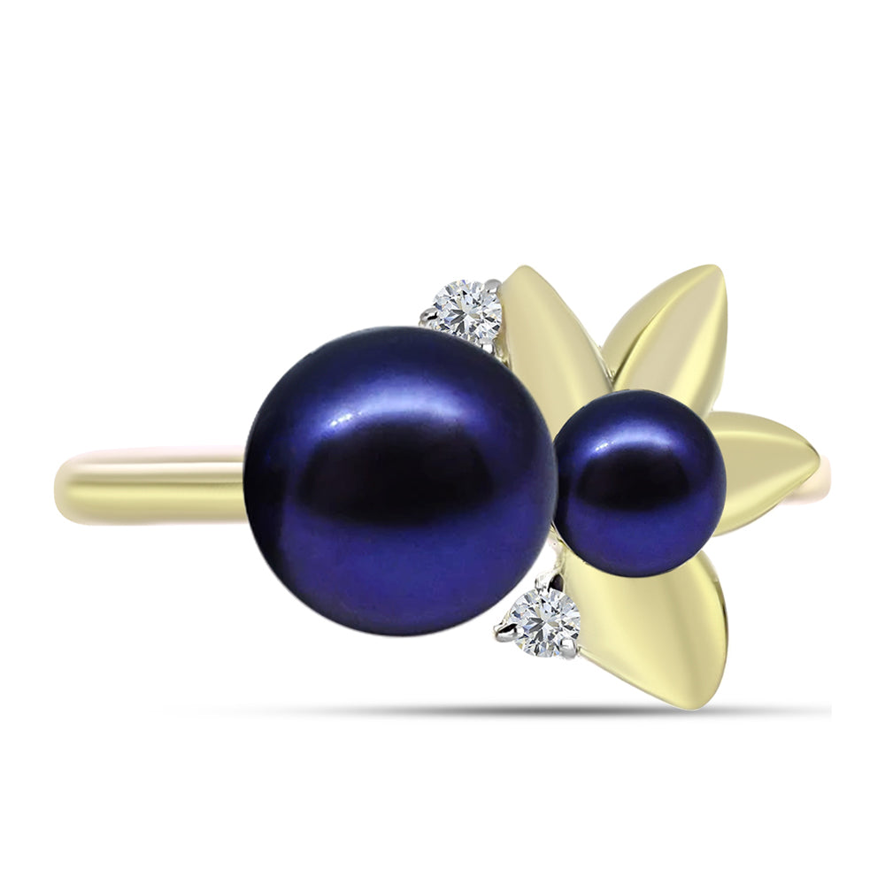 Anillo de Plata Bañada en Oro con Perla Negra de Agua dulce y Topacio Blanco 1 
