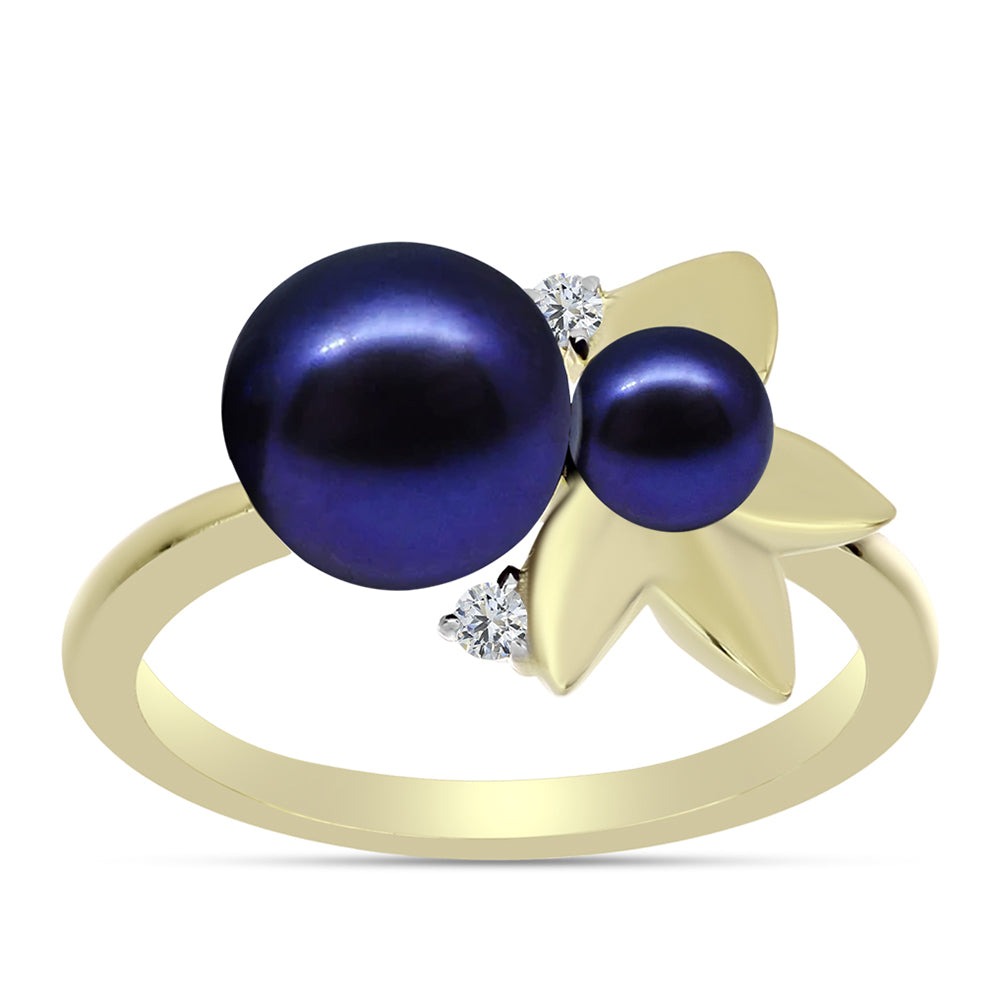Anillo de Plata Bañada en Oro con Perla Negra de Agua dulce y Topacio Blanco 7 