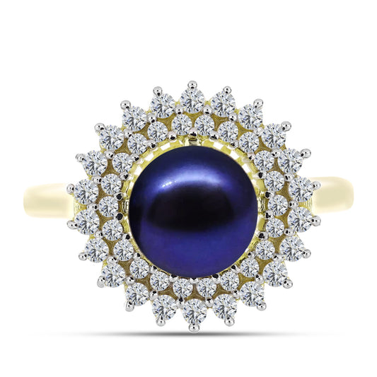 Anillo de Plata Bañada en Oro con Perla Negra de Agua dulce y Topacio Blanco
