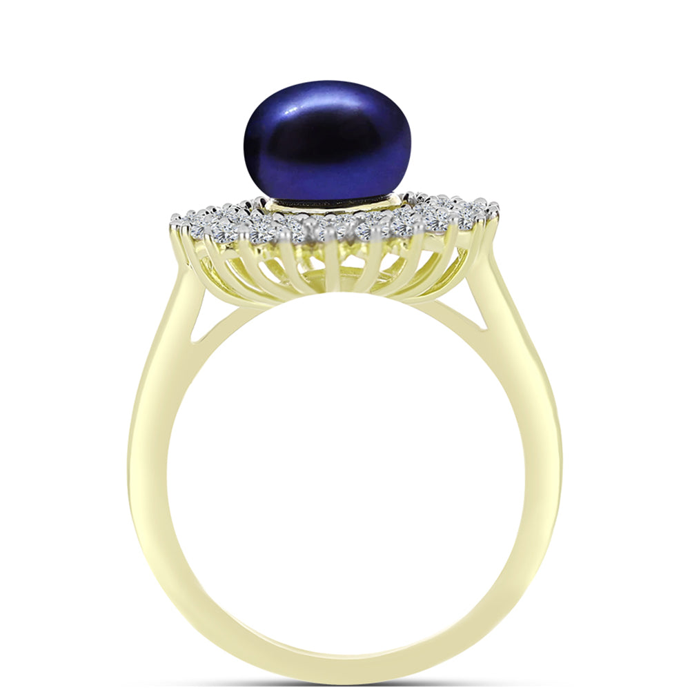 Anillo de Plata Bañada en Oro con Perla Negra de Agua dulce y Topacio Blanco 6 
