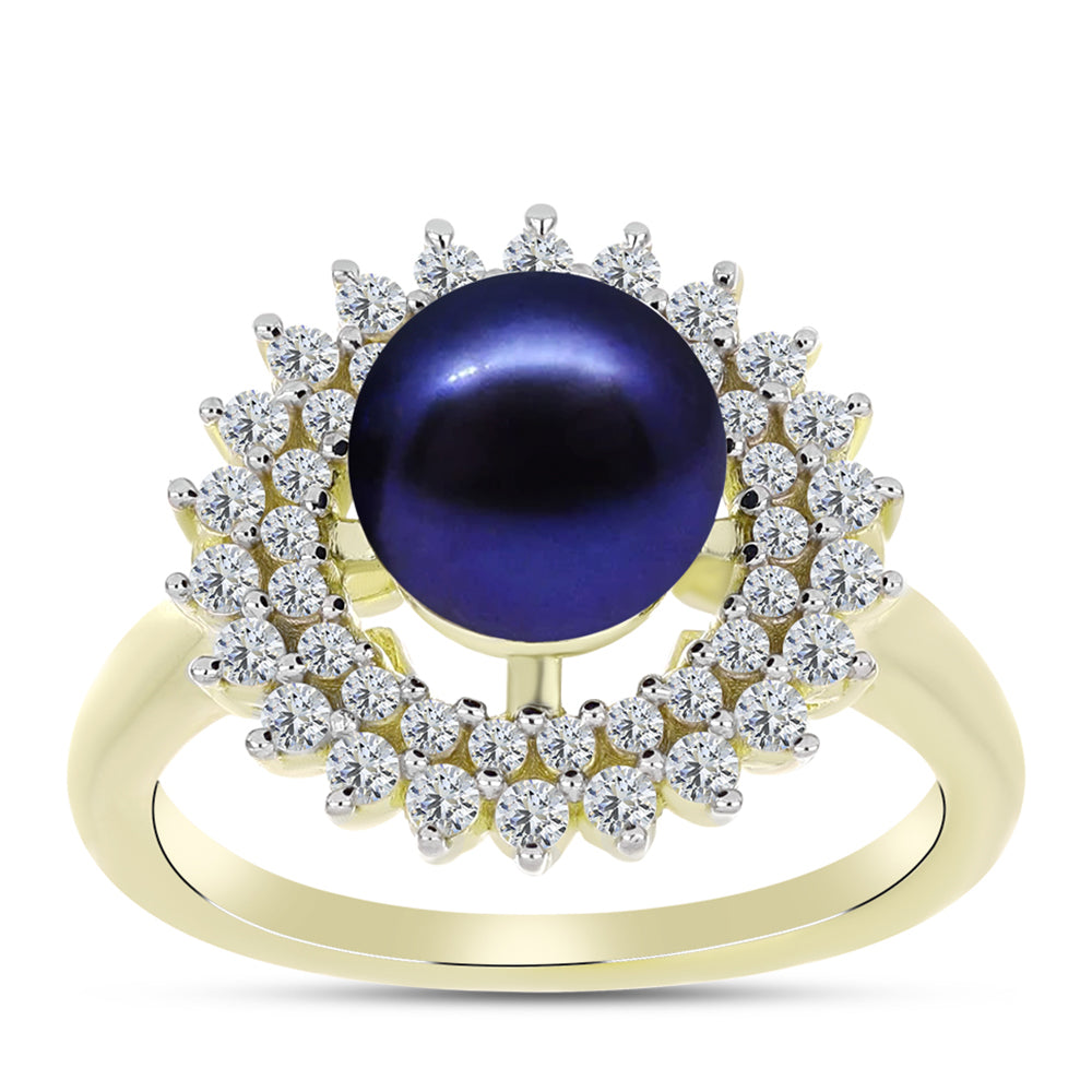Anillo de Plata Bañada en Oro con Perla Negra de Agua dulce y Topacio Blanco