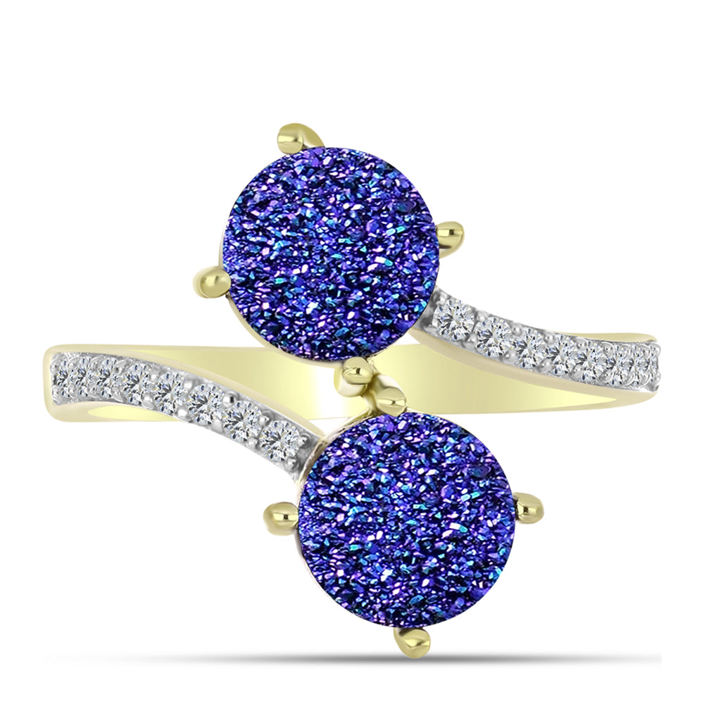 Anillo de Plata Bañada en Oro con Drusa Purpura y Topacio Blanco 5 