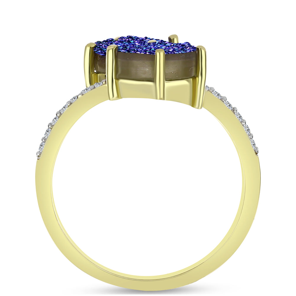 Anillo de Plata Bañada en Oro con Drusa Purpura y Topacio Blanco 2 