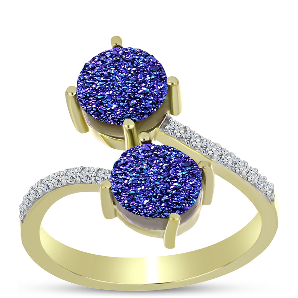 Anillo de Plata Bañada en Oro con Drusa Purpura y Topacio Blanco 7 