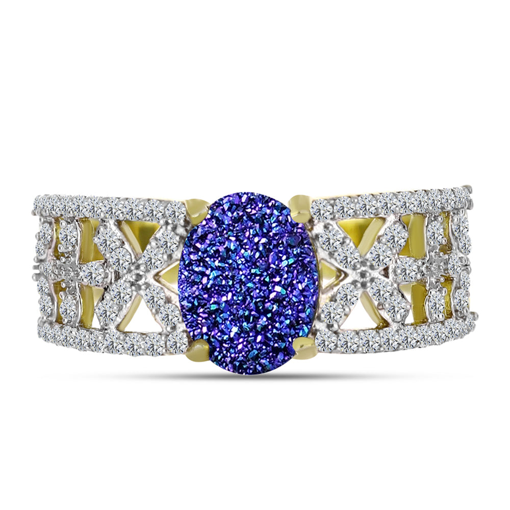 Anillo de Plata Bañada en Oro con Drusa Purpura y Topacio Blanco 1 