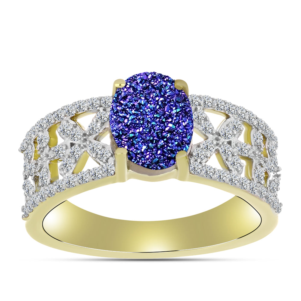 Anillo de Plata Bañada en Oro con Drusa Purpura y Topacio Blanco 3 