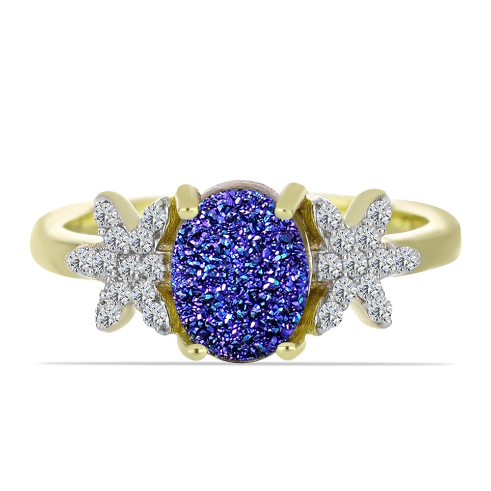 Anillo de Plata Bañada en Oro con Drusa Purpura y Topacio Blanco 1 