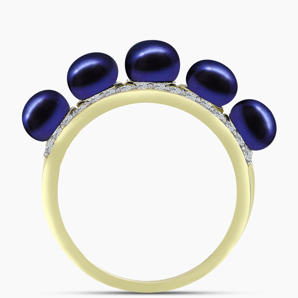 Anillo de Plata Bañada en Oro con Perla Negra de Agua dulce y Topacio Blanco