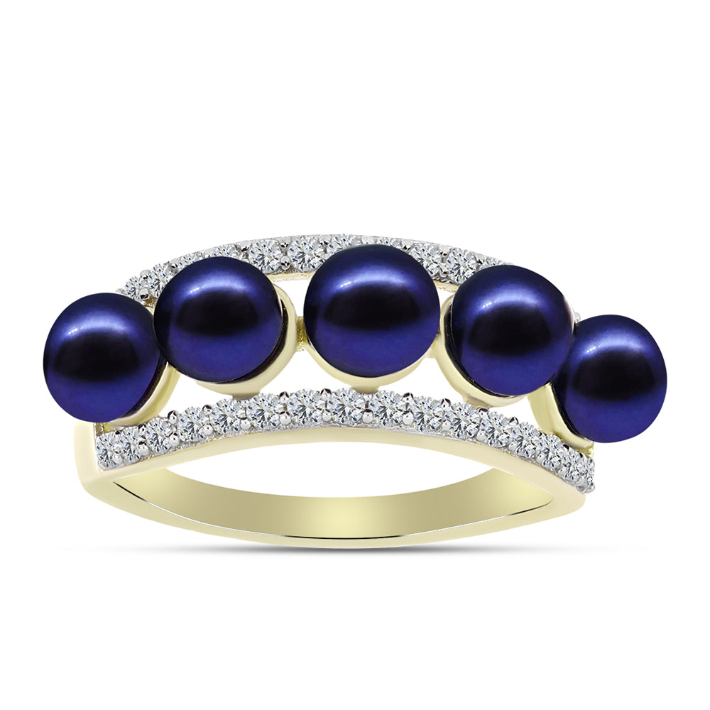 Anillo de Plata Bañada en Oro con Perla Negra de Agua dulce y Topacio Blanco 7 