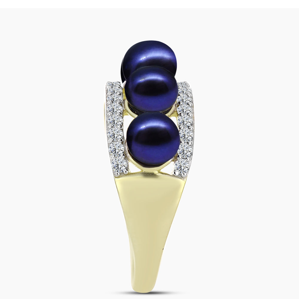 Anillo de Plata Bañada en Oro con Perla Negra de Agua dulce y Topacio Blanco 8 