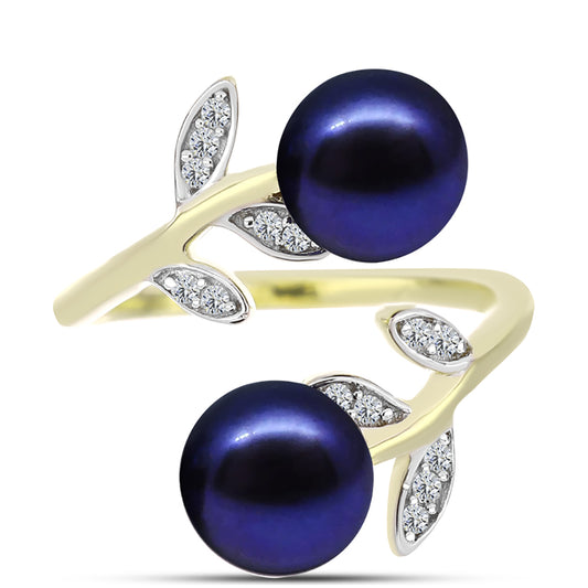 Anillo de Plata Bañada en Oro con Perla Negra de Agua dulce y Topacio Blanco