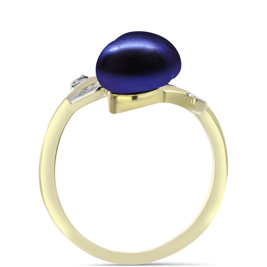 Anillo de Plata Bañada en Oro con Perla Negra de Agua dulce y Topacio Blanco