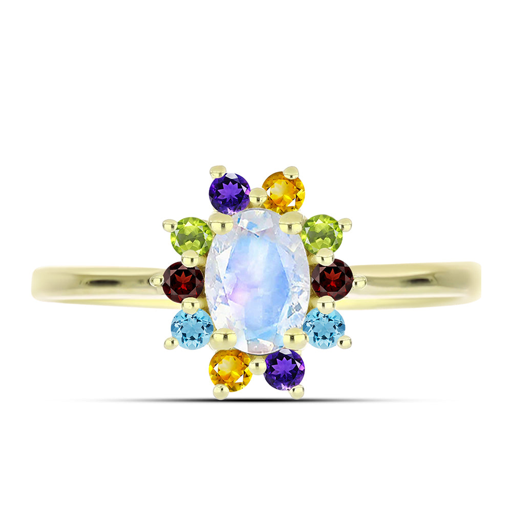 Anillo de Plata Bañada en Oro con Piedra Lunar Arco Iris y Amatista de Marruecos