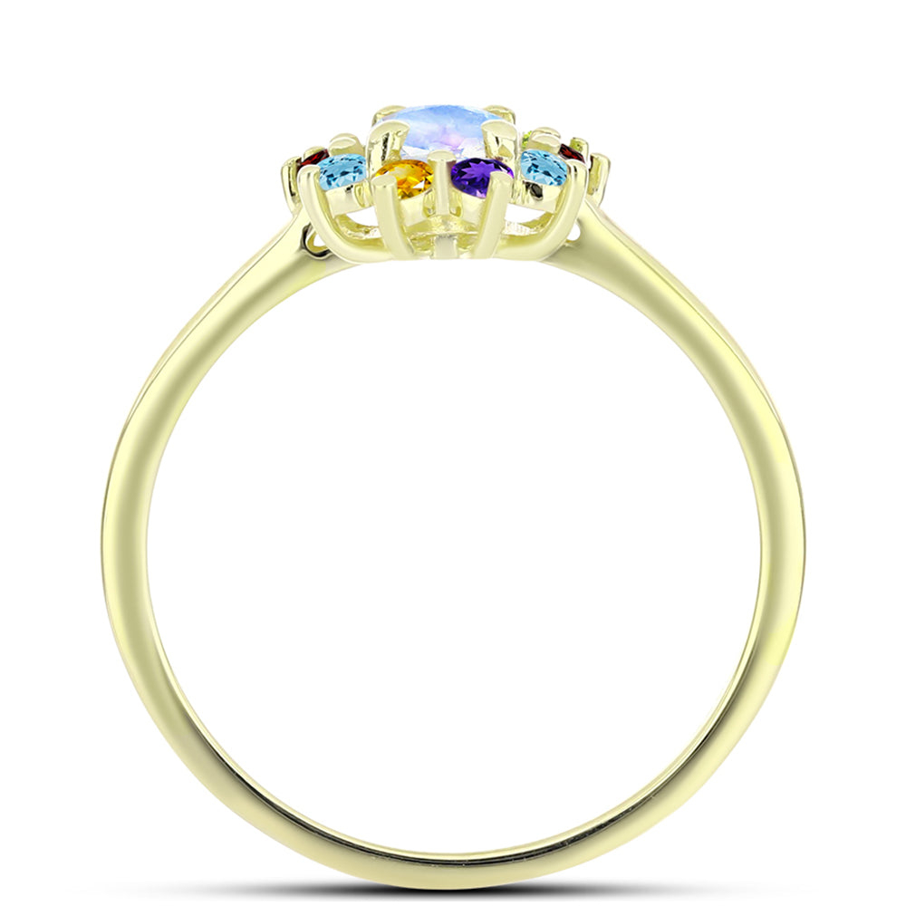 Anillo de Plata Bañada en Oro con Piedra Lunar Arco Iris y Amatista de Marruecos