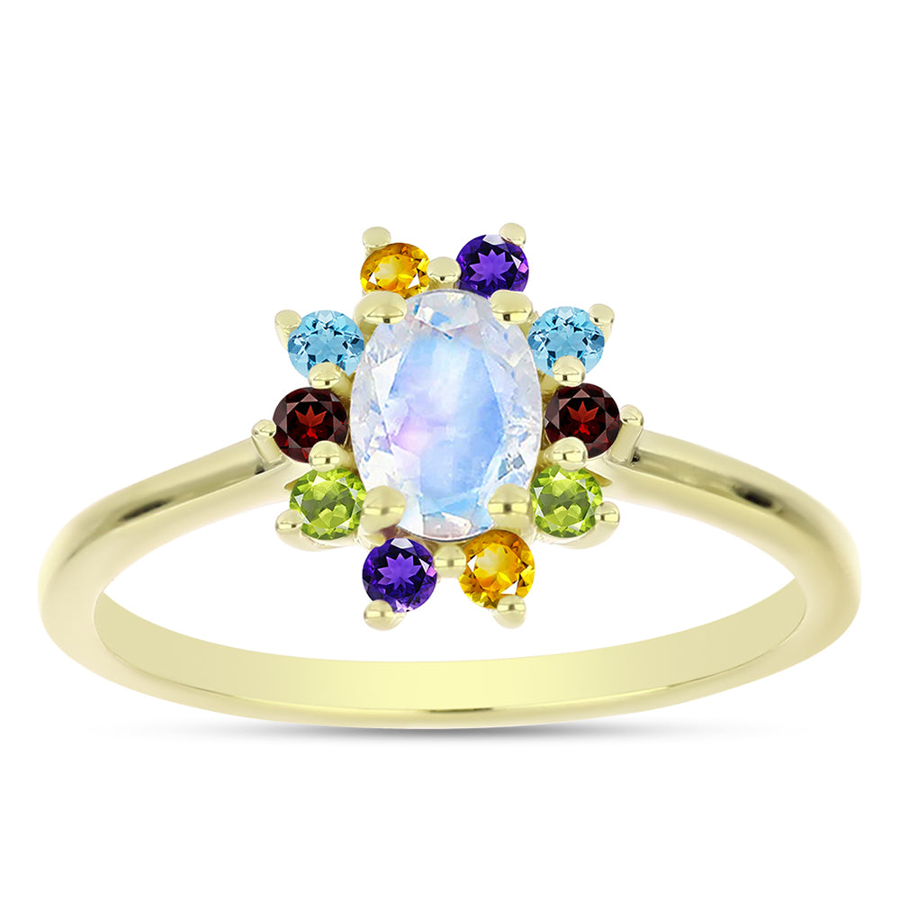 Anillo de Plata Bañada en Oro con Piedra Lunar Arco Iris y Amatista de Marruecos 3 