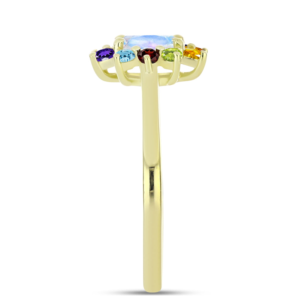 Anillo de Plata Bañada en Oro con Piedra Lunar Arco Iris y Amatista de Marruecos 8 