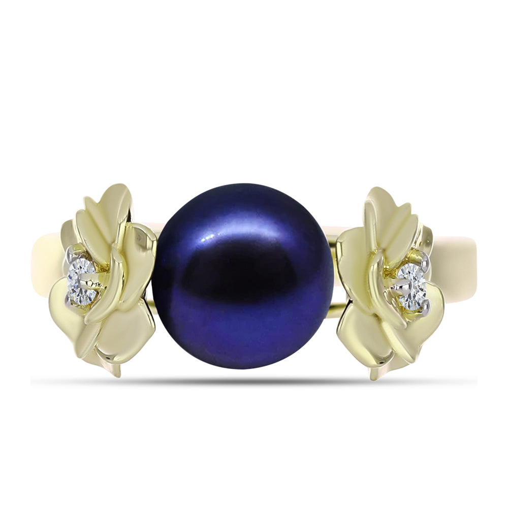 Anillo de Plata Bañada en Oro con Perla Negra de Agua dulce y Topacio Blanco 5 