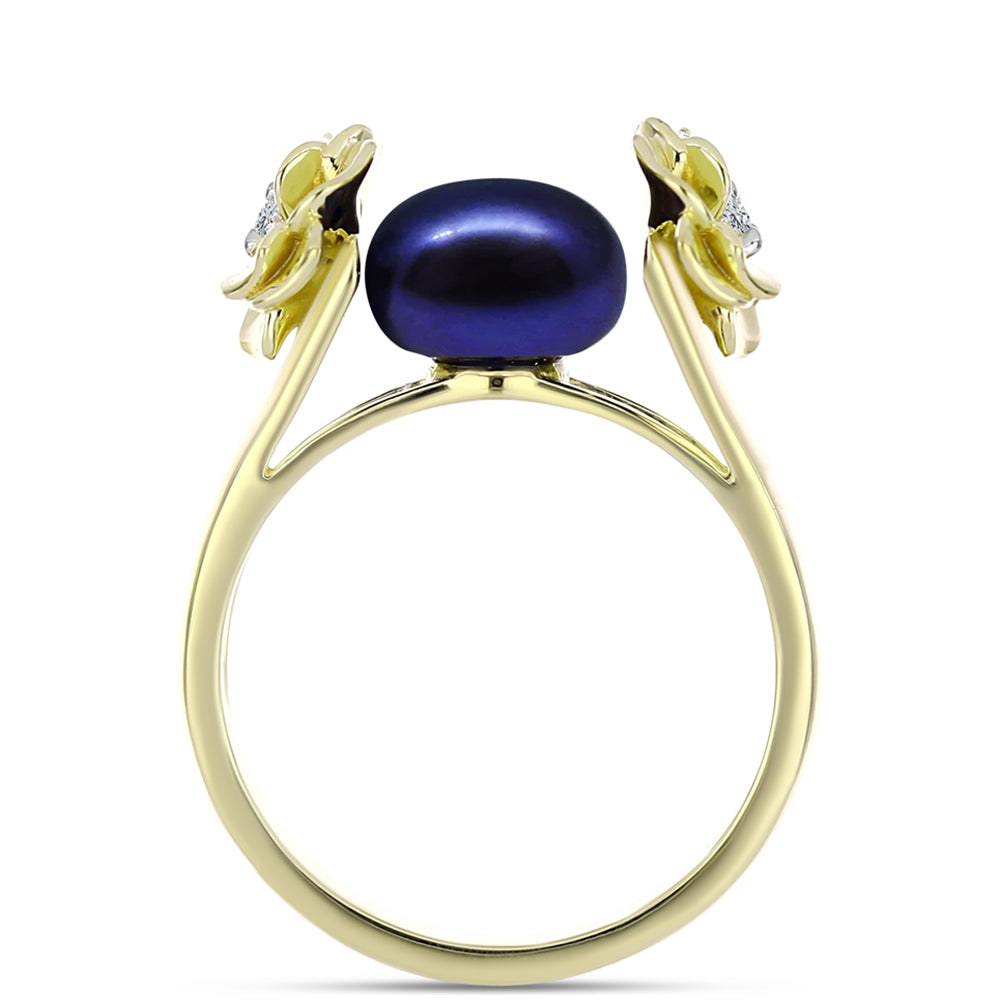 Anillo de Plata Bañada en Oro con Perla Negra de Agua dulce y Topacio Blanco