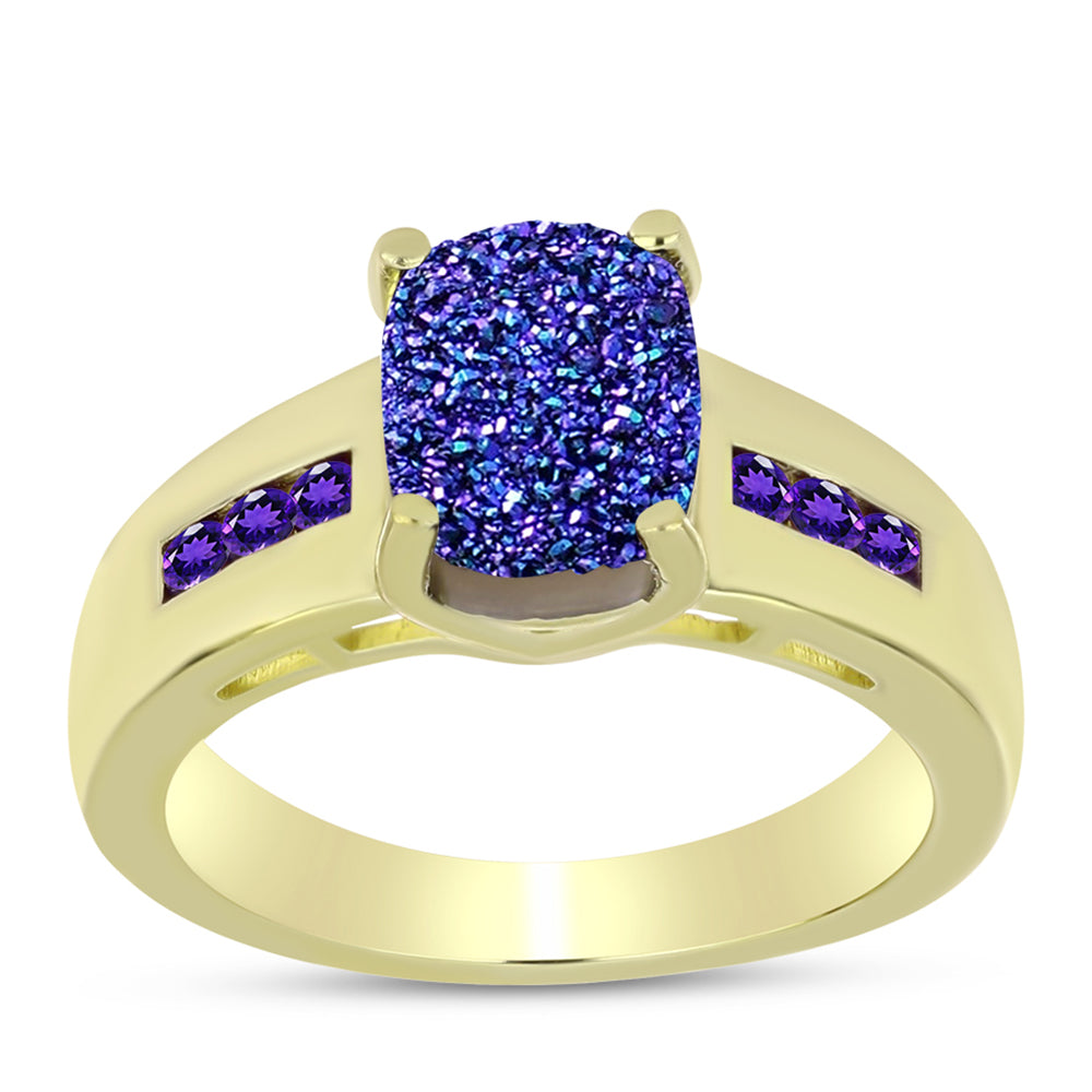 Anillo de Plata Bañada en Oro con Drusa Purpura y Amatista de Marruecos 3 