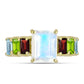Anillo de Plata Bañada en Oro con Piedra Lunar Arco Iris y Granate Barton