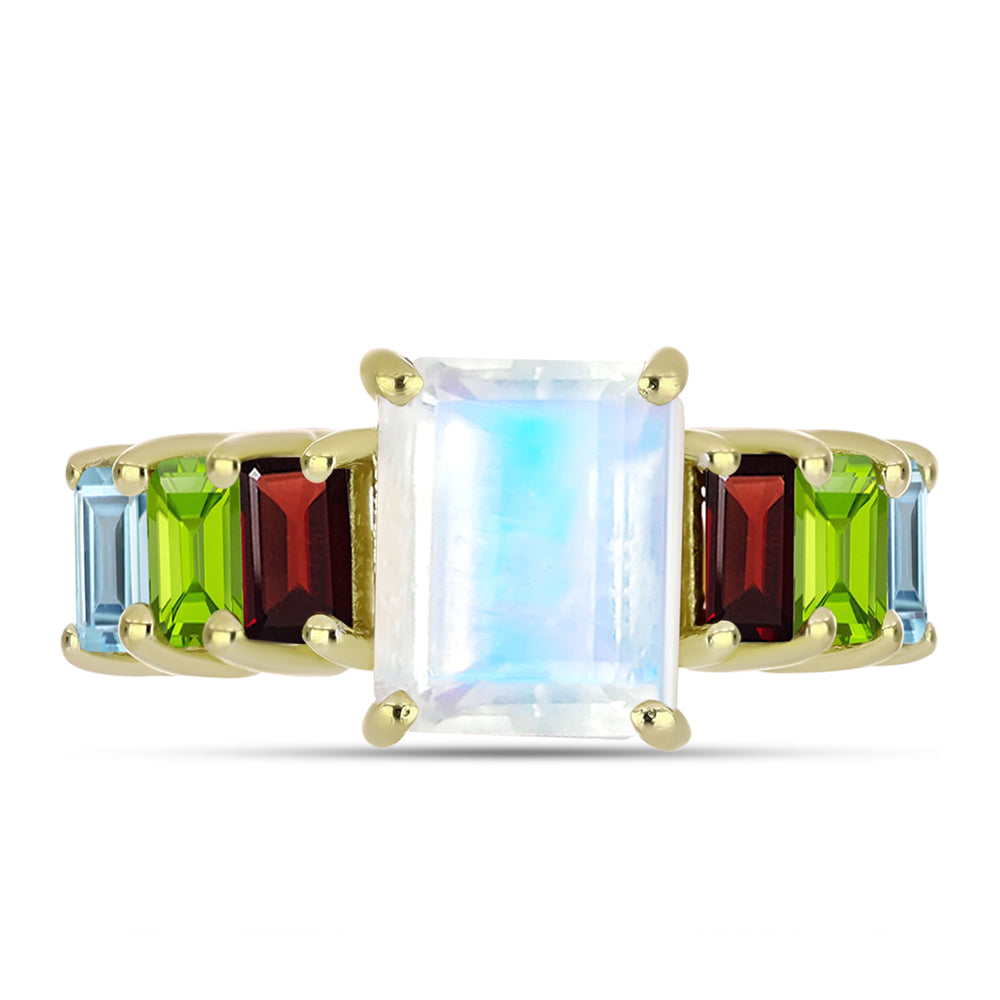 Anillo de Plata Bañada en Oro con Piedra Lunar Arco Iris y Granate Barton 1 