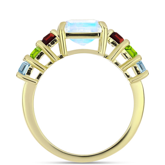 Anillo de Plata Bañada en Oro con Piedra Lunar Arco Iris y Granate Barton