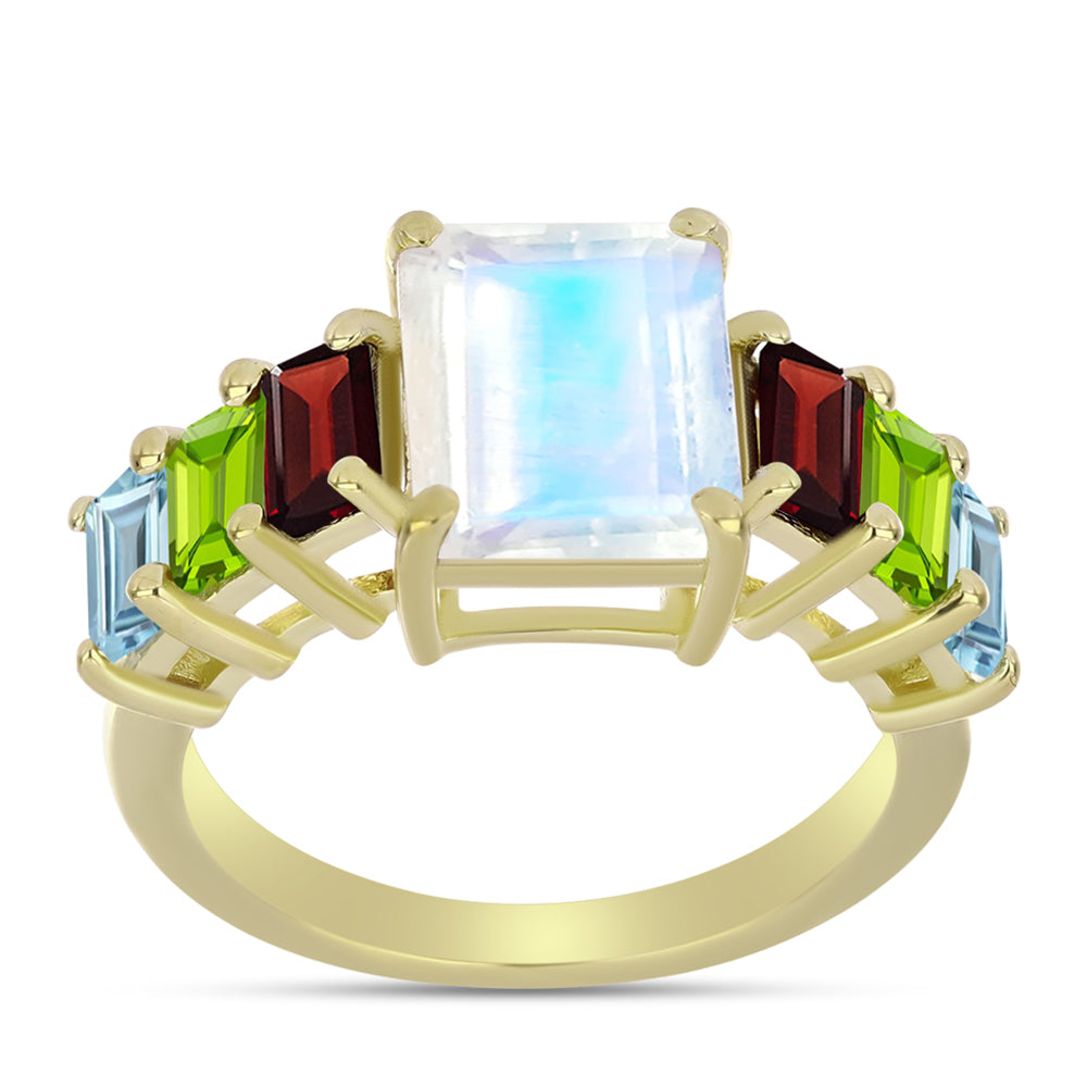 Anillo de Plata Bañada en Oro con Piedra Lunar Arco Iris y Granate Barton 3 