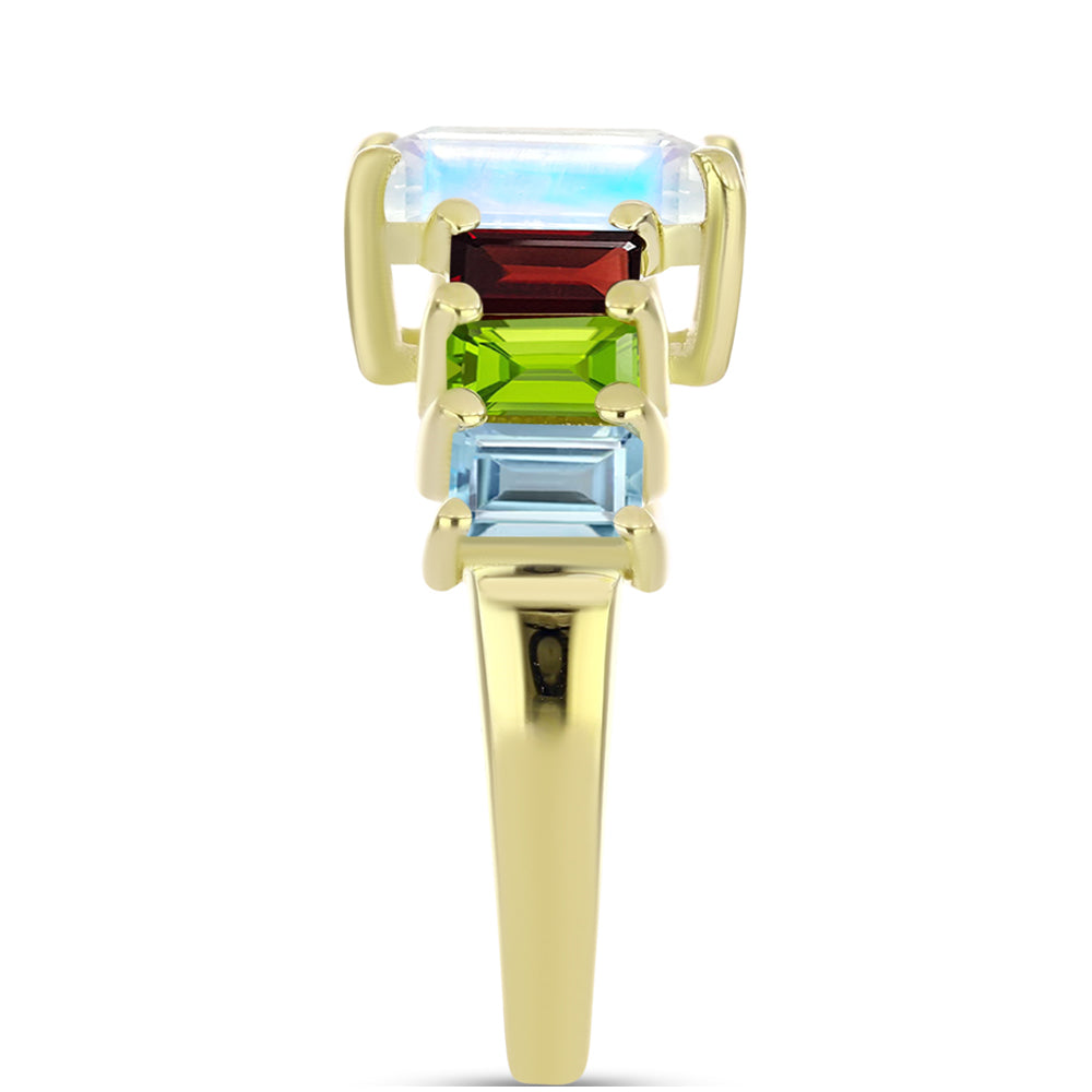 Anillo de Plata Bañada en Oro con Piedra Lunar Arco Iris y Granate Barton 8 