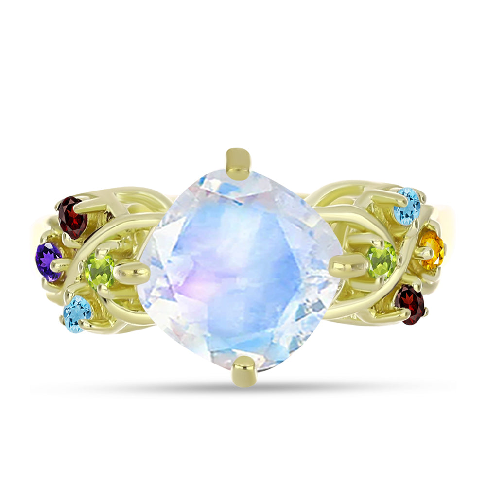 Anillo de Plata Bañada en Oro con Piedra Lunar Arco Iris y Amatista de Marruecos 5 