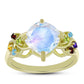 Anillo de Plata Bañada en Oro con Piedra Lunar Arco Iris y Amatista de Marruecos