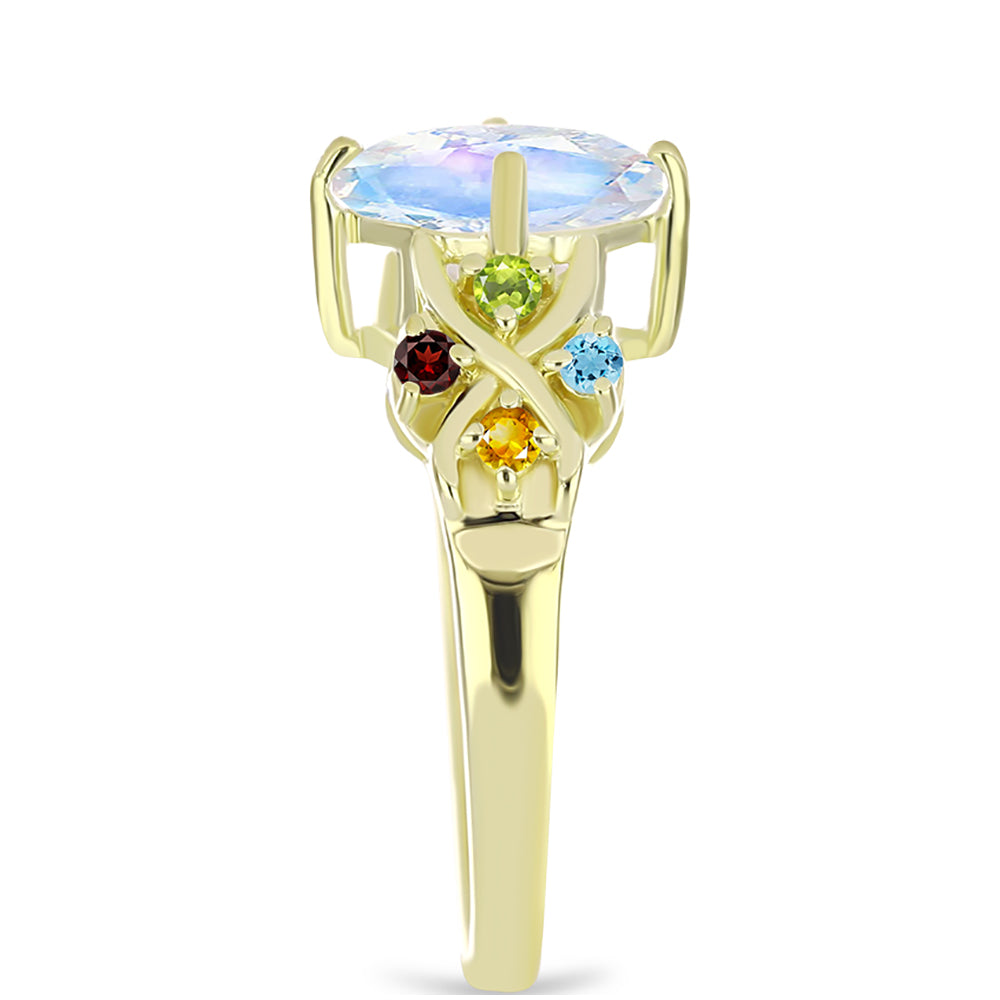 Anillo de Plata Bañada en Oro con Piedra Lunar Arco Iris y Amatista de Marruecos
