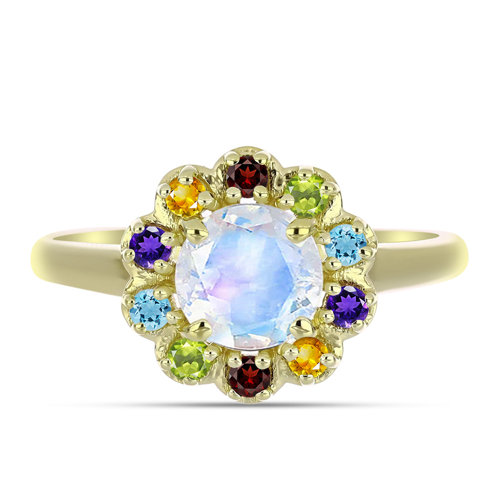 Anillo de Plata Bañada en Oro con Piedra Lunar Arco Iris y Amatista de Marruecos 5 