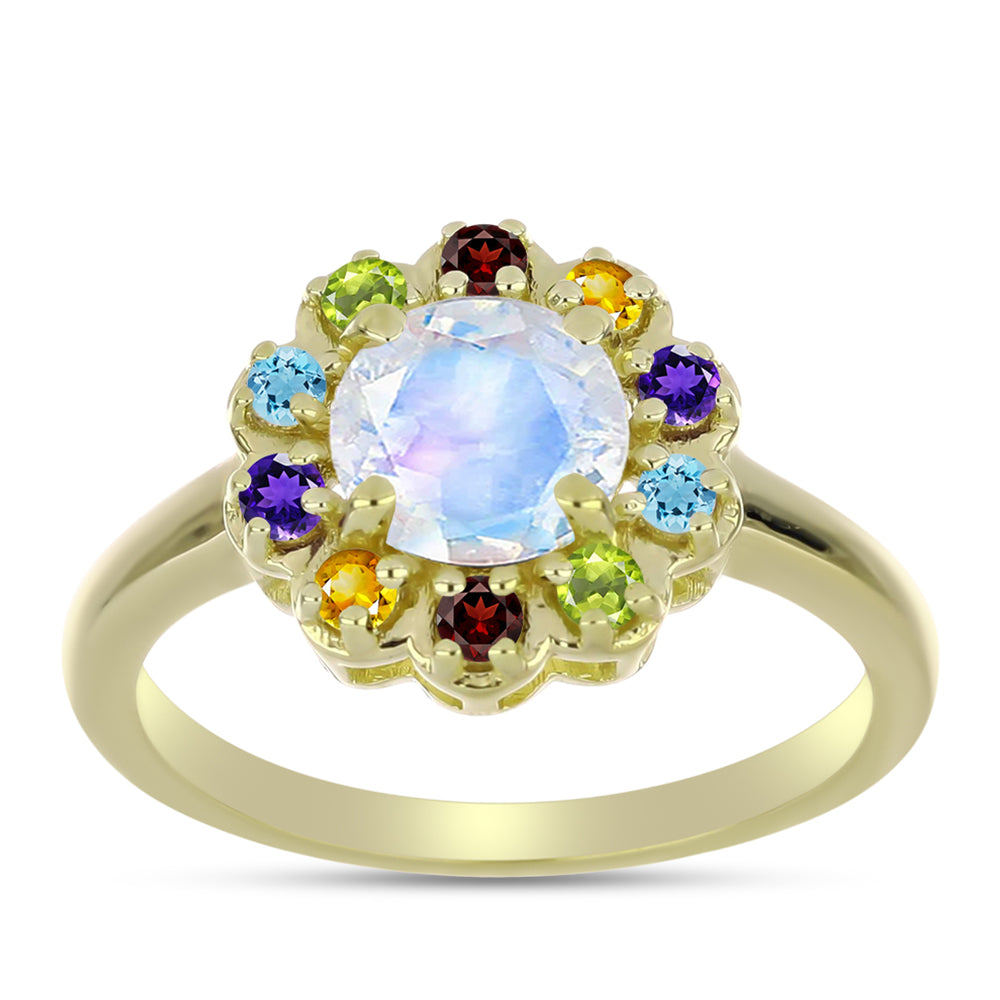 Anillo de Plata Bañada en Oro con Piedra Lunar Arco Iris y Amatista de Marruecos 6 