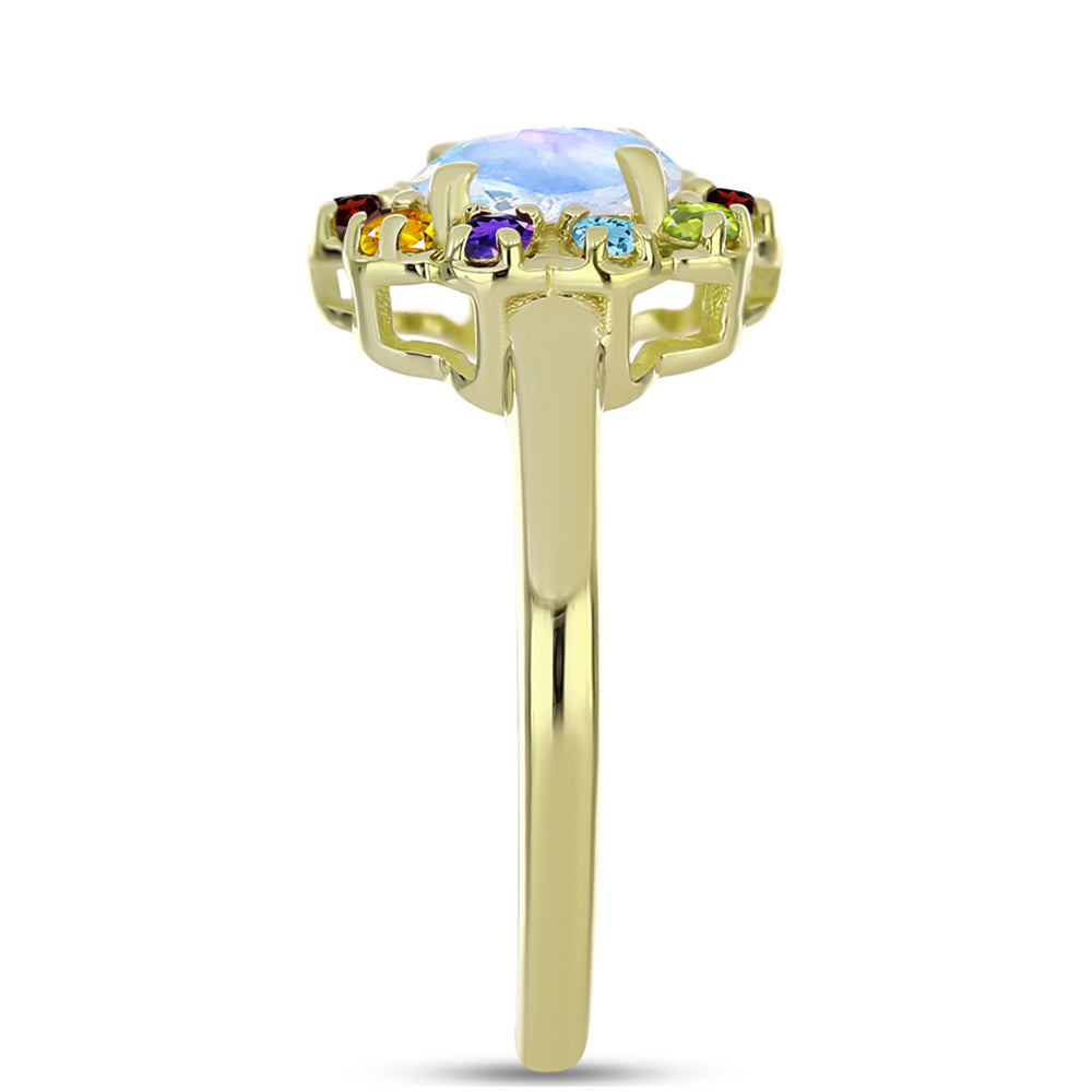 Anillo de Plata Bañada en Oro con Piedra Lunar Arco Iris y Amatista de Marruecos 4 