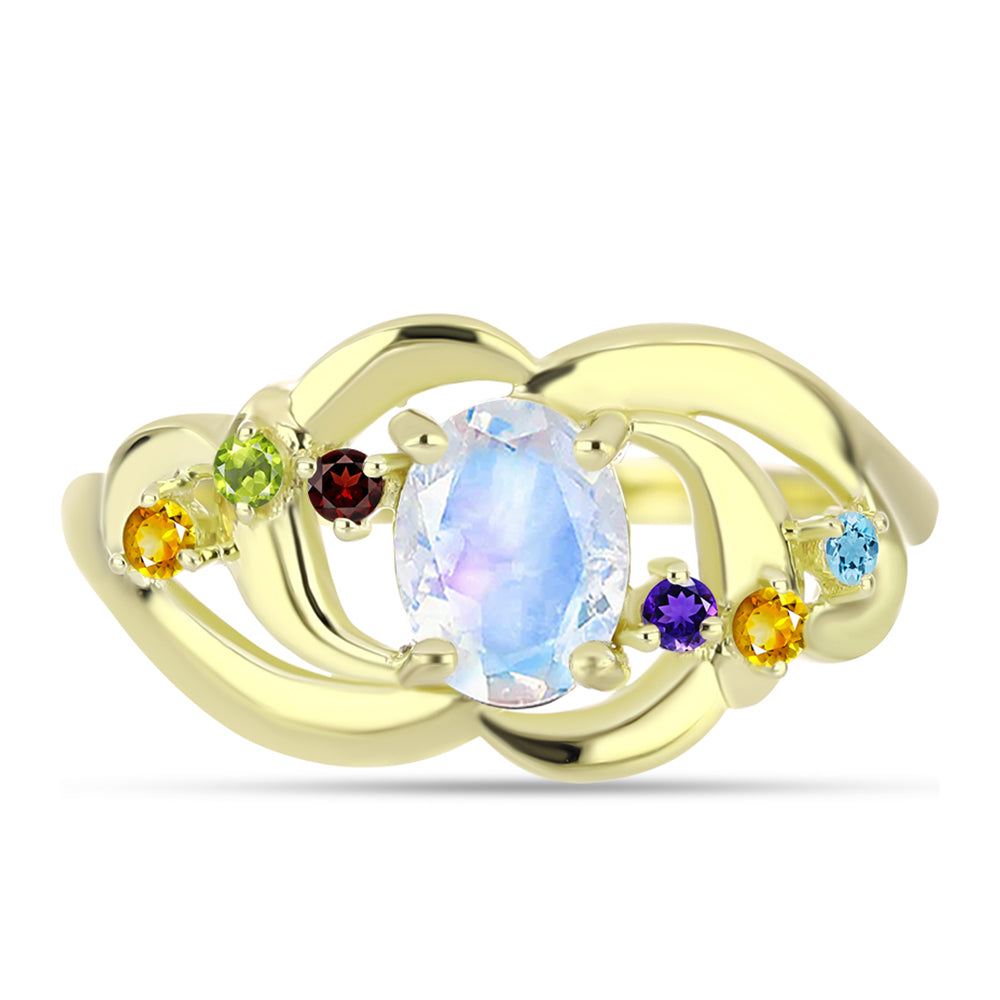Anillo de Plata Bañada en Oro con Piedra Lunar Arco Iris y Amatista de Marruecos 5 