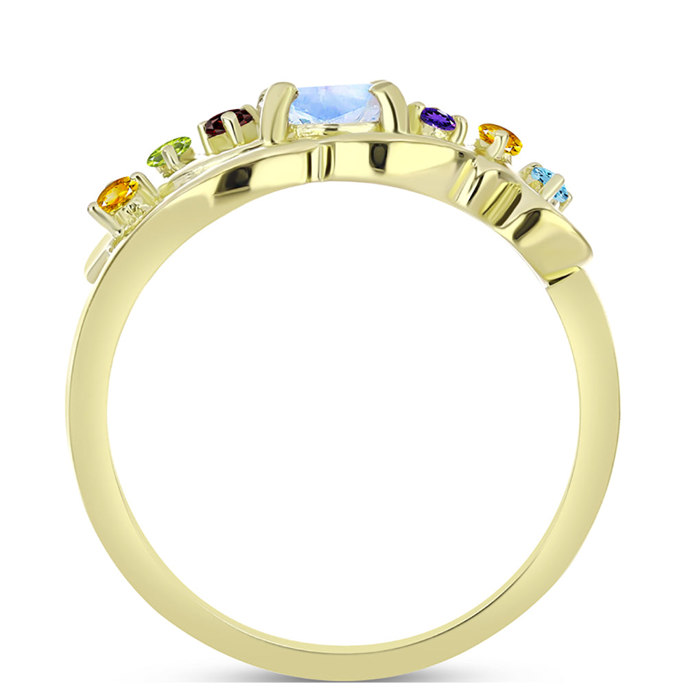 Anillo de Plata Bañada en Oro con Piedra Lunar Arco Iris y Amatista de Marruecos