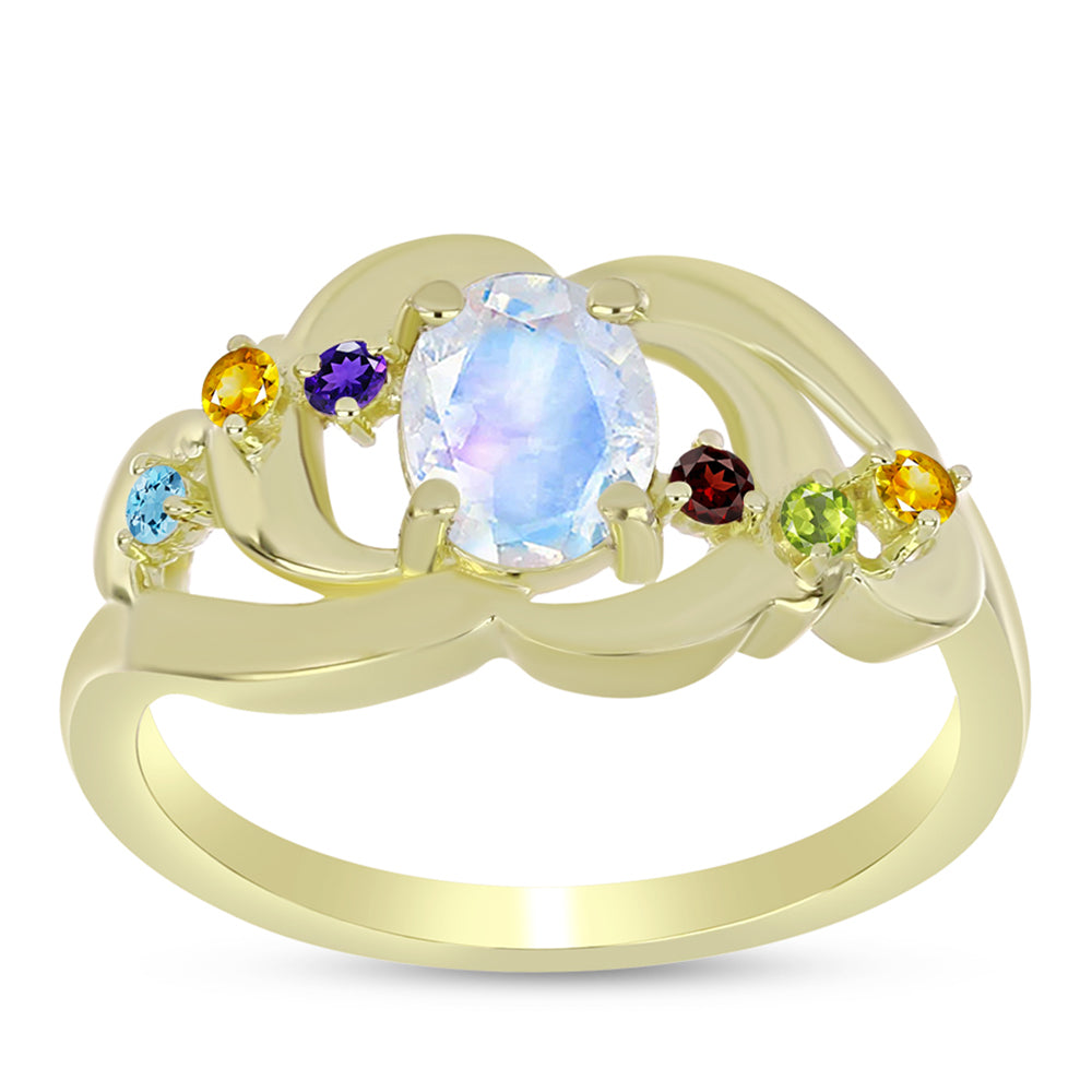 Anillo de Plata Bañada en Oro con Piedra Lunar Arco Iris y Amatista de Marruecos 3 