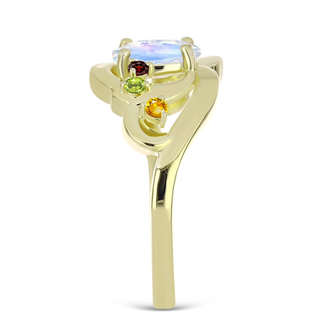 Anillo de Plata Bañada en Oro con Piedra Lunar Arco Iris y Amatista de Marruecos 8 