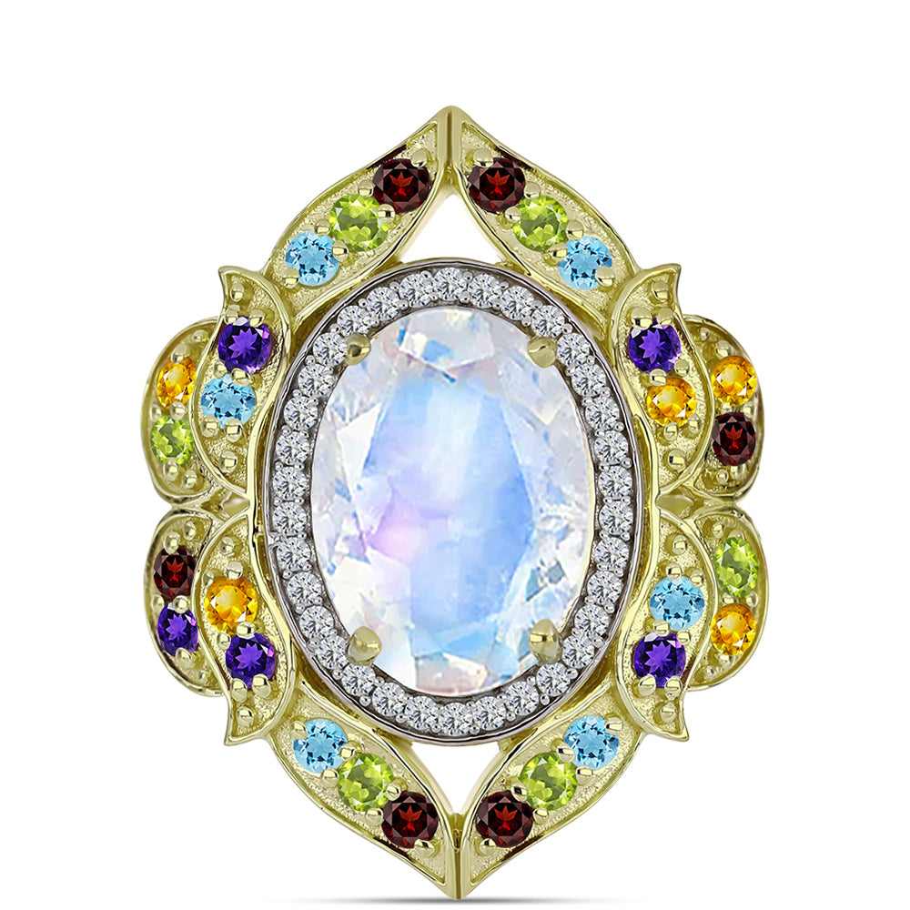 Anillo de Plata Bañada en Oro con Piedra Lunar Arco Iris y Amatista de Marruecos 1 
