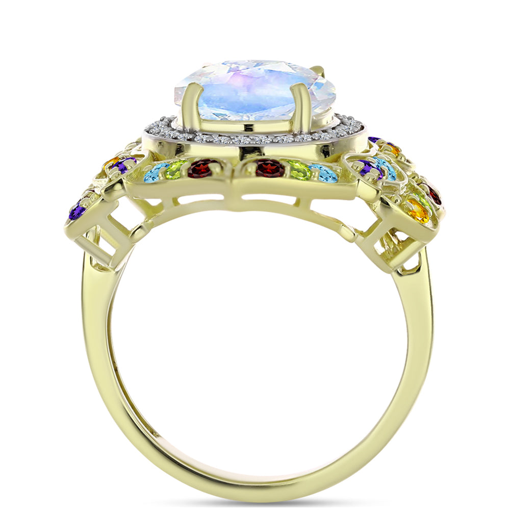 Anillo de Plata Bañada en Oro con Piedra Lunar Arco Iris y Amatista de Marruecos 10 