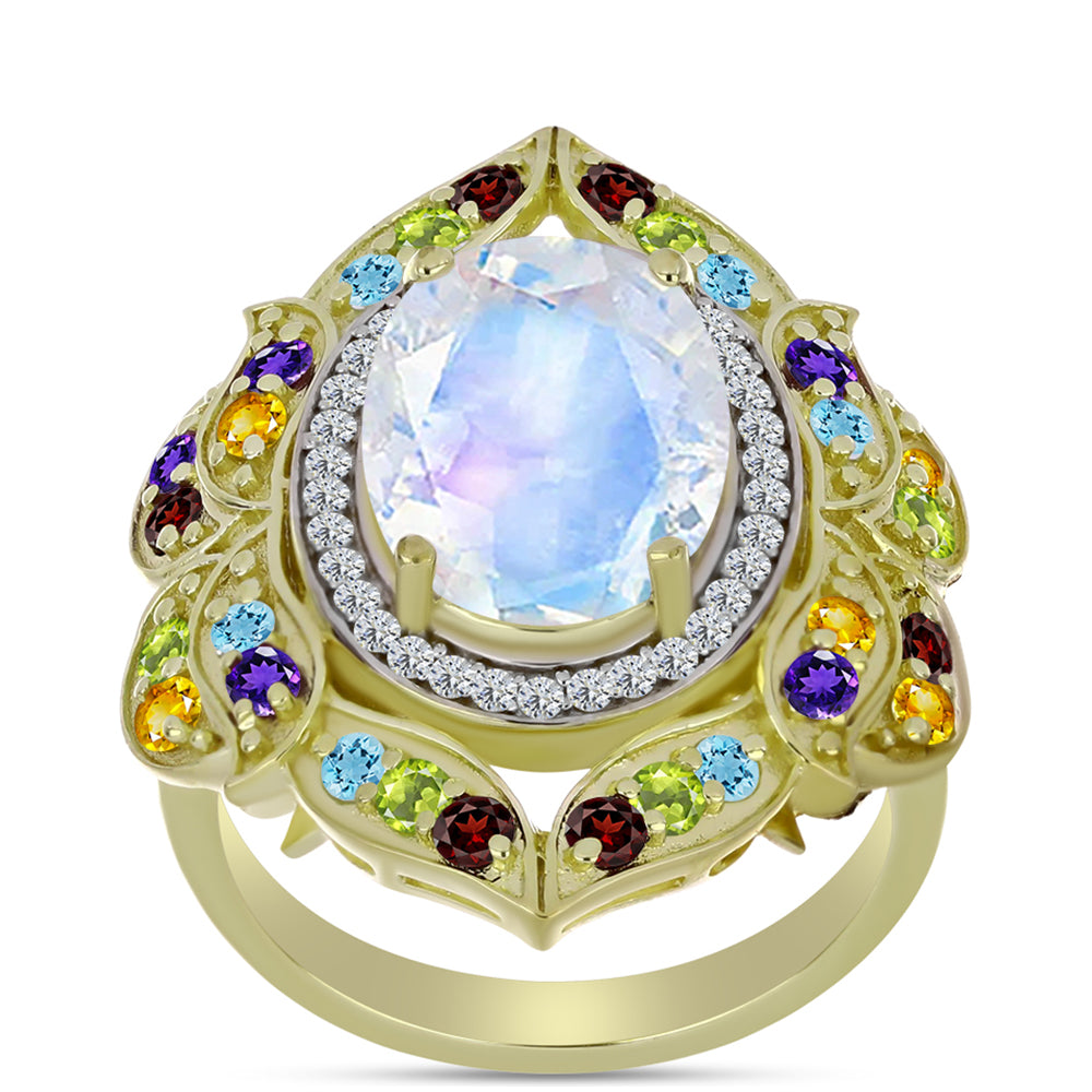 Anillo de Plata Bañada en Oro con Piedra Lunar Arco Iris y Amatista de Marruecos 3 