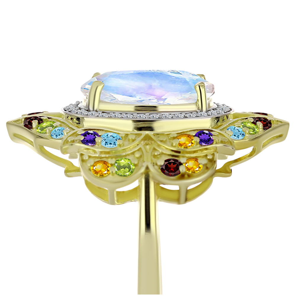 Anillo de Plata Bañada en Oro con Piedra Lunar Arco Iris y Amatista de Marruecos 8 