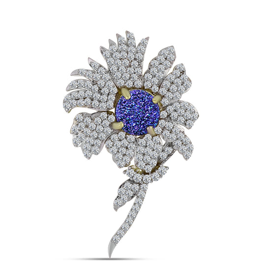 Broche de Plata Bañada en Oro con Drusa Purpura y Topacio Blanco