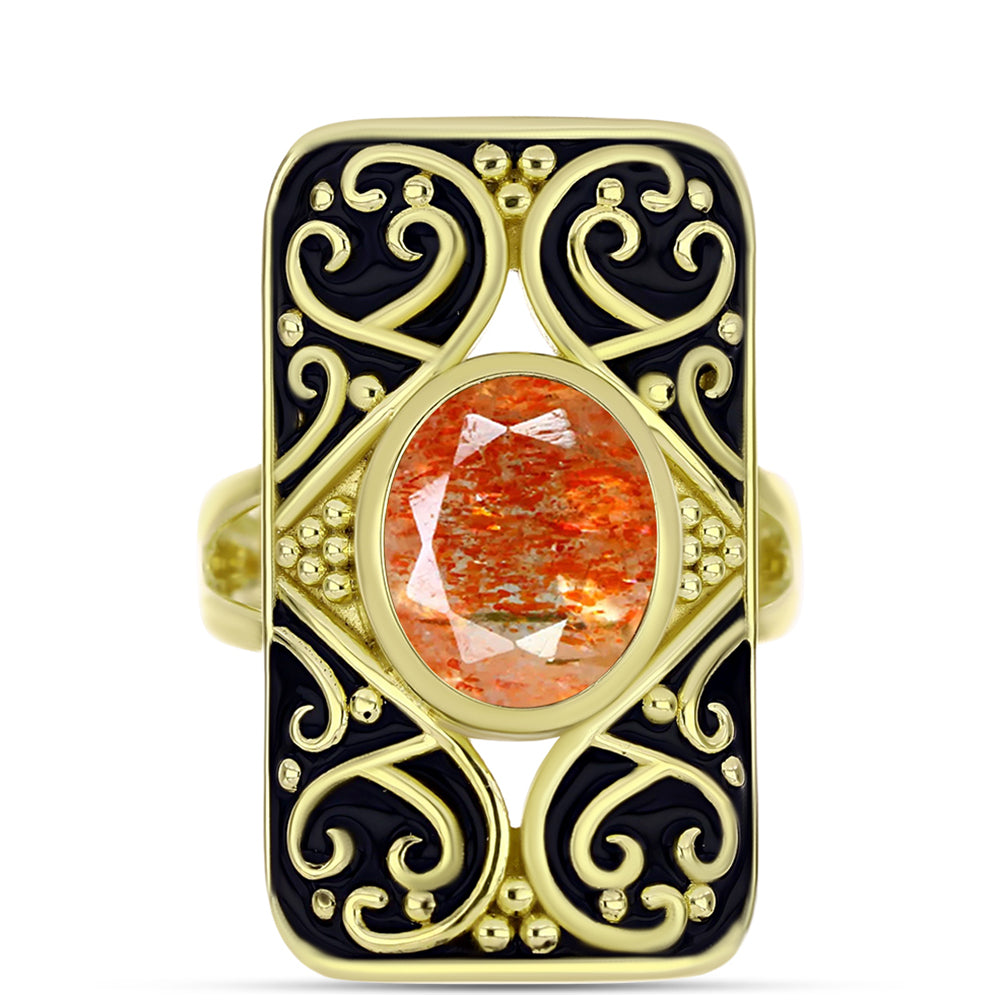 Anillo de Plata Bañada en Oro con Piedra Solar de Oregon